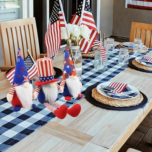 4th of July Gnomes 3Pcs, 250th Anniversary Patriotic Red White and Blue Decorations, Memorial Day Americana Farmhouse Table Tiered Tray Shelf Decor - Image 3