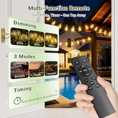 200FT Solar String Lights Outdoor Waterproof 72+2 LED Bulbs, Solar Powered with Remote & USB Port, 3 Light Modes Dimmable Patio Lights for Large Backyard, Garden, Party - Image 3