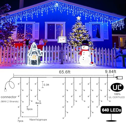 Icicle Lights for Outside 66ft 640 LED Icicle Lights Plug in Fairy Curtain Lights with Timer for Party Holiday Wedding Decorations, Blue - Image 2
