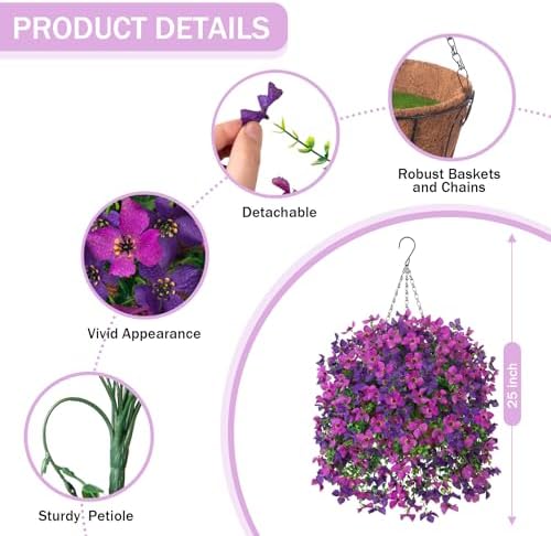 INXUGAO Artificial Hanging Flowers Plants with Basket for Outdoors, Realistic Faux Silk Daisy Flower Eucalyptus for Spring Decor, UV Resistant Fake Plants for Porch Patio Yard Balcony, Violet - Image 3
