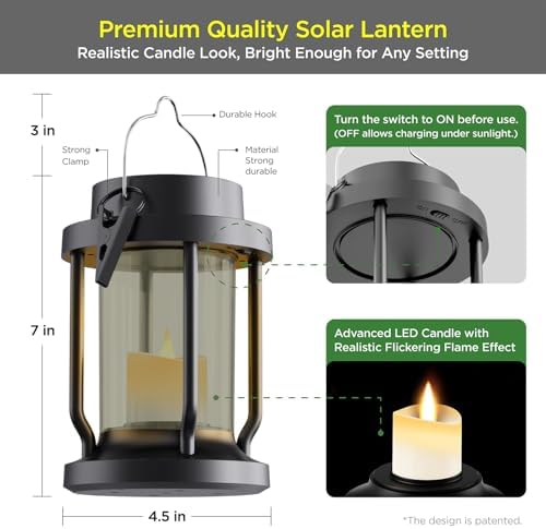 Solar Lantern Outdoor & Indoor Use – Hanging Solar Lights with Realistic Flickering Flameless Candle, Weatherproof for Gardens, Patios, Trees, and Lawns (Black + Gray, 2 Pack) - Image 5