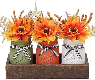Fall Mason Jar Centerpiece for Table with Artificial Flowers by SUPREMELIGHTS%C2%B72017%C2%B7
