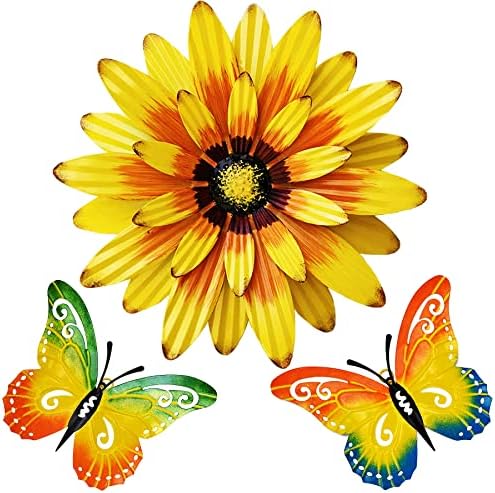 Meduofon Metal Flowers Wall Decor and Butterfly Wall Art, 3 Pack Metal Outdoor Wall Art Decor, Fence Art Wall Sculptures for Indoor Outside Garden Patio Decorations (Yellow&Green) by MeduofonProvidehigh-qualityproductsandfirst-classservice