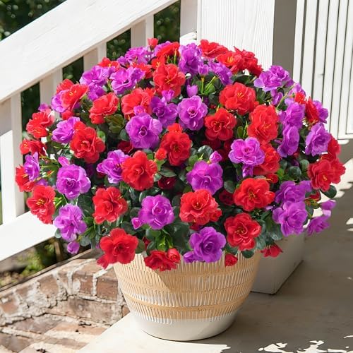 Artificial Faux Outdoor Flowers Plants for Spring Summer Decoration, Fake Silk Camellia UV Resistant Look Real for Planter Outside Front Door Porch Patio Balcony, 3 Large Bundles (Red+Fuchsia) by HyeFloraartificialflowers