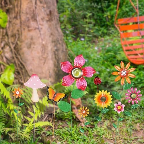 hogardeck Garden Decor for Outside, Set of 10 Metal Flowers Garden Stakes with Mushroom Butterfly Ladybug for Spring Decor, Yard Art Garden Decorations for Outdoor Lawn Porch Pathway (Multi-Color) - Image 2