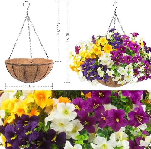 2 Set Artificial Outdoor Flowers with Hanging Baskets,24 Pcs UV Resistant Faux Petunias Flowers with Hanging Planter for Front Door Porch Spring Outside Decor (2, White,Yellow,Purple,RedViolet) - Image 2