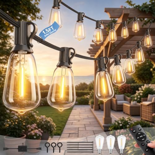 Outdoor String Lights 25+2FT, 15+2 Bulbs,120W Dimmer Romote,IP65 Waterproof by Eubricoo