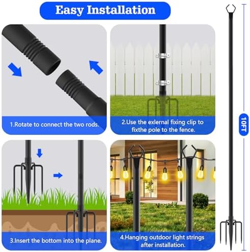 SINLEY 6 Pack String Light Poles,10 Ft Metal Poles with Fork for Outdoor String Lights,Outdoor Light Poles with Fork,Poles/Post/Stand for Outside,Patio,Deck,Backyard,Garden Wedding,Party - Image 7