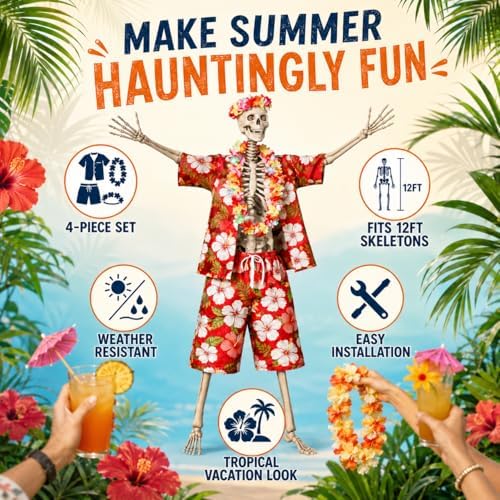 4 Pcs 12 Ft Skeleton Hawaiian Outfit Set Tropical Shirt Shorts Lei Headband - Image 2