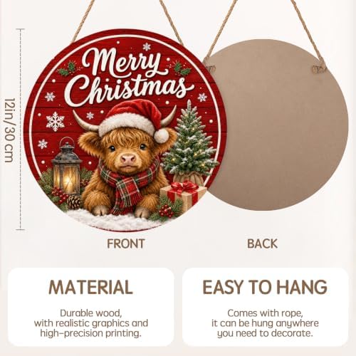 Merry Christmas Sign for Front Door Decor Cute Winter Highland Cow Round Outdoor Hanging Wooden Door Sign for Porch Xmas Holiday Farmhouse Wreath Hanger Sign for Outside Indoor Wall Decoration 12"X12" - Image 2