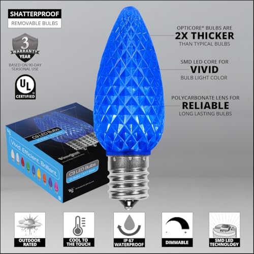 Wintergreen Lighting OptiCore LED C9 Blue Christmas Pathway Lights, Heavy Duty Bulbs for Driveway, Walkway Marker, 5" Commercial PathPRO Stakes, 18 Gauge Green Wire, 100 Lights, 100 ft - Image 3