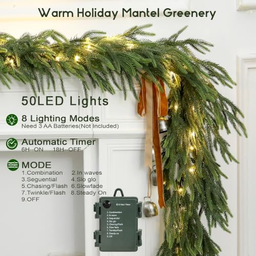 9FT Soft Touch Artificial Norfolk Pine Christmas Garland with Timer Lights - Image 2