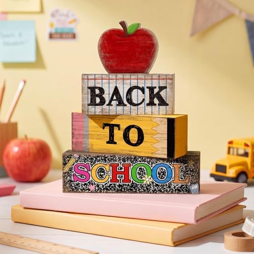 Lineshading 4 Pcs Back to School Table Decor Wooden Apple Blocks Sign - Image 6