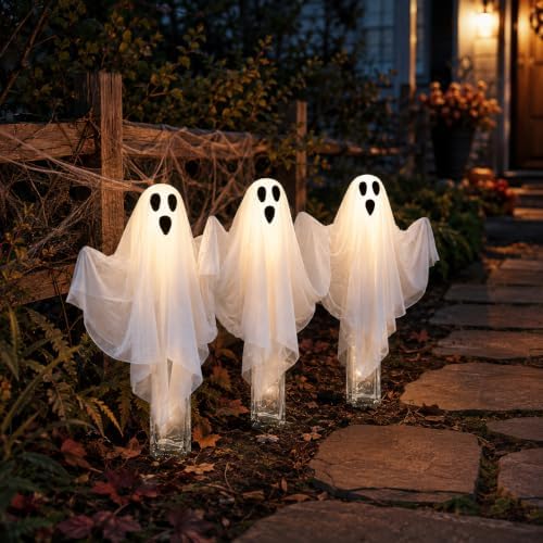 Fun Express Halloween Ghost Yard Stakes - 3 Pack Lighted Lawn Decorations - Image 7