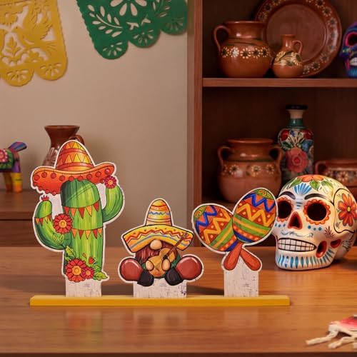 Smile Cinco De Mayo Standing Wooden Decor Set, 3-Piece Mexican Fiesta Wooden Cutouts (Cactus, Gnome, Maraca) for Tabletop & Party Display - Image 5