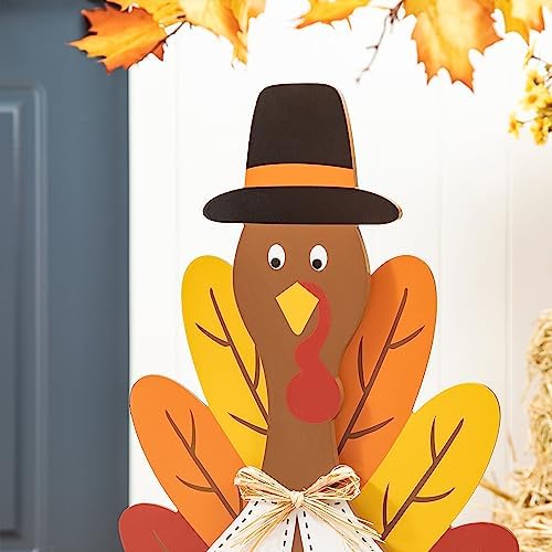 Glitzhome 31”H Thanksgiving Wooden Turkey Porch Sign, Fall Harvest Turkey Give Thanks Standing Decor, Rustic Welcome Sign Porch Sign for Thanksgiving Fall Harvest Autumn Yard Sign - Image 3
