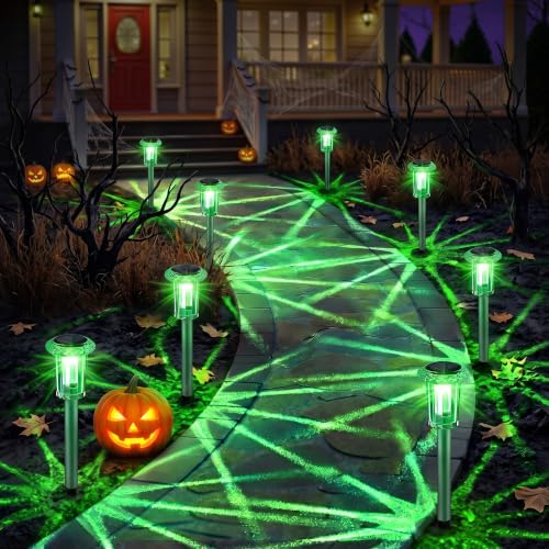 Eyrosa Halloween Solar Outdoor Lights, 10 Pack Solar Pathway Lights Outdoor Waterproof, Stainless Steel Stake Lighting for Garden Yard Path Walkway Driveway Patio Lawn Outside Décor,Green by EYROSA