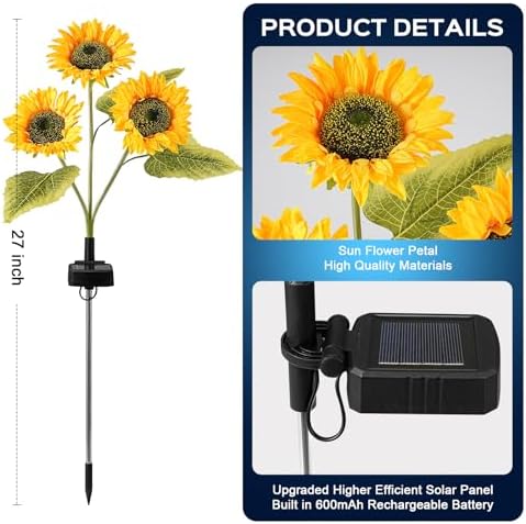 TANSOREN 6 Pack Solar Garden Lights Outdoor, 2 Lighting Modes Warm White LED Waterproof Solar Powered Sunflowers Landscape Light for Outside Yard, Patio, Pathway Decorative, Décor, Gifts - Image 6