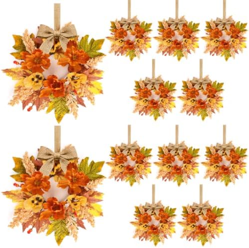12 Pcs Fall Floral Swags Wreaths Mini Autumn Artificial Candle Rings Wreaths with Berries 3 inch Farmhouse Cabinets Hanging Wreath for Pillar Front Door Porch Wall Window Decoration by Unknown