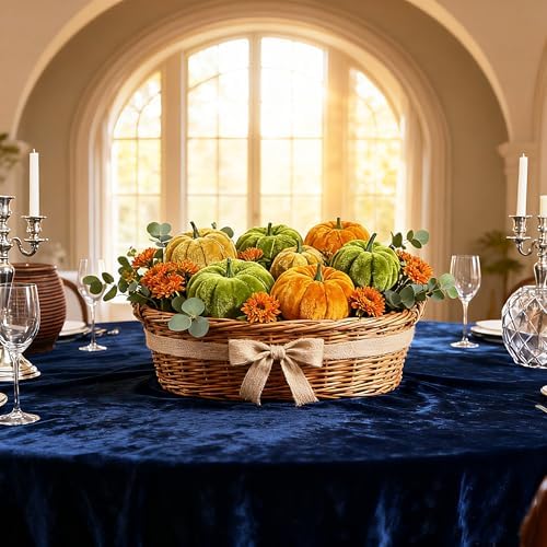 Pumpkin Decor 12pcs Halloween Artificial Pumpkins Fake Artificial Velvet Small Pumpkins for Fall Harvest, Thanksgiving, Christmas Party Decoration (Green Orange Gold) - Image 2