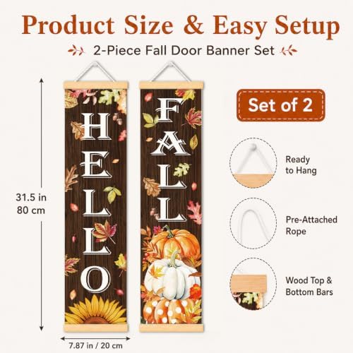 Hello Fall Woodgrain Door Banner Set of 2, Pumpkin Porch Decor for Home - Image 2