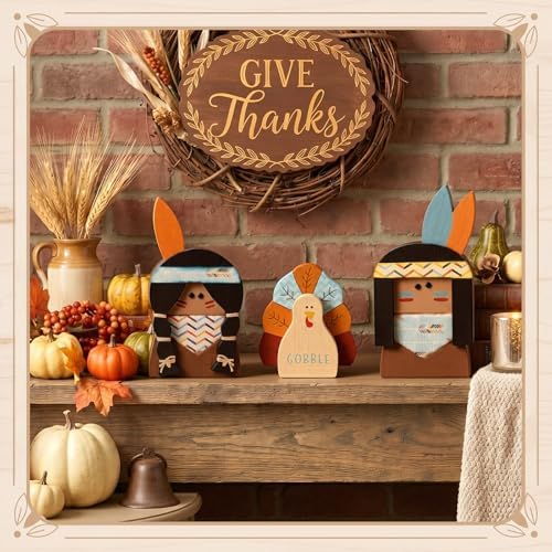 Colingmill 3 Pcs Thanksgiving Decorations Wooden Turkey Pilgrim Table Sign - Image 3
