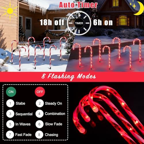 20 Pack Candy Cane Christmas Decorations Outdoor, 15inch Christmas Pathway Lights with Timer, 8 Flashing Modes Candy Cane Lights, 4.5V Red LED Outdoor Xmas Decor for Walkway Yard Lawn Porch Holiday - Image 2