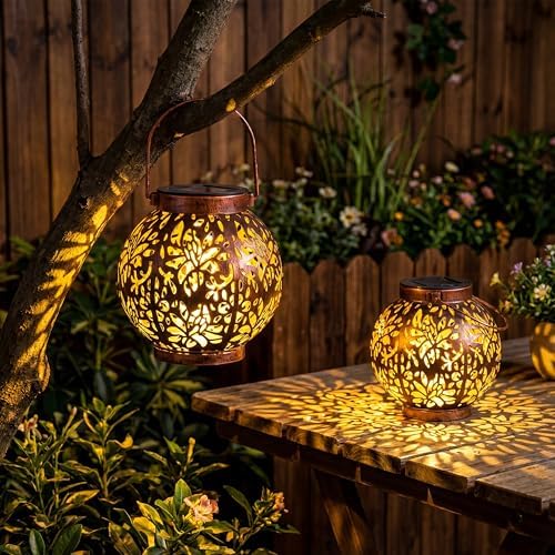 JOIEDOMI 2 Pack Outdoor Solar Hanging Lantern Lights, Waterproof Tabletop with Handle, LED Moroccan Lanterns, Metal Decorative Garden Solar Lights Spring for Patio, Lawn, Porch, Backyard by Joiedomi