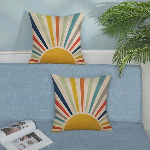 Summer Pillow Covers 18x18 Inch Set of 2 Outdoor Boho Rainbow Sun Throw Pillows Colorful Stripes Decorative Pillow Cases Linen Yellow Sunshine Cushion Covers Decor for Couch Sofa Bed Decor - Image 4