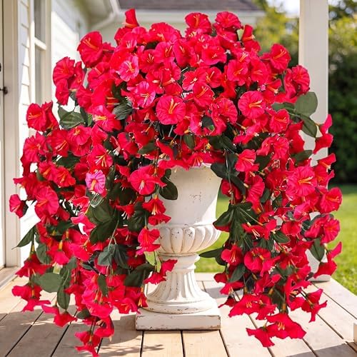 Sggvecsy Artificial Fake Hanging Flowers Plants for Outdoor Outside Spring Summer Decoration 4PCS Faux Silk UV Resistant Realistic Morning Glory Trailing Vines for Home Porch Patio Balcony(Rose red) by Sggvecsy