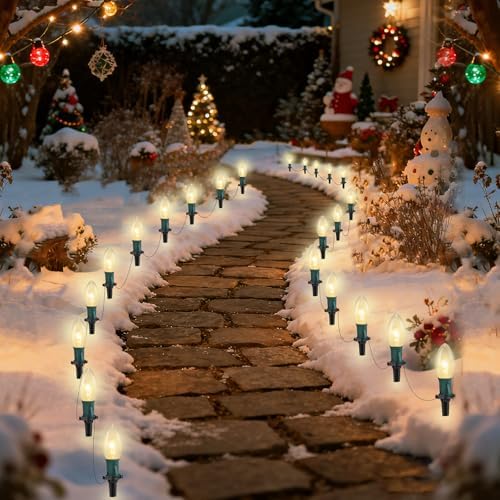 GOOTHY Christmas Pathway Lights Outdoor, 38Ft Outdoor Xmas Decorations String Lights with 25 C9 Warm White Christmas Pathway Stakes Lights for Walkway Yard Lawn Sidewalk Driveway Garden by Goothy