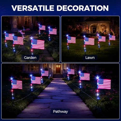 4th of July Decorations Solar American Flag Lights, 8 Pack USA Flags Garden Lights with 8 Lighting Modes, Waterproof Solar Flag Patriotic Lights for Independence Day 250th Anniversary (Blue - Flag) - Image 6