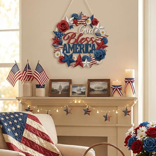 Yalikop 4th of July Wreaths Patriotic Decorations Wreaths for Front Door Wood Blue Red White God Bless America Sign Door Hanger Memorial Day Wreath Independence Day Porch Home Wall Decor - Image 4