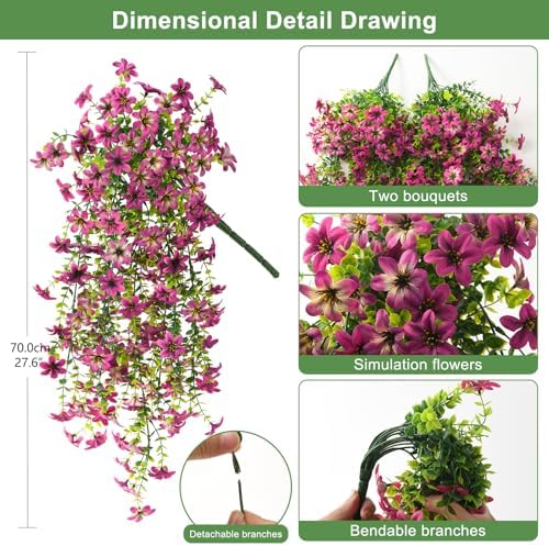 ZFProcess Artificial Hanging Flowers Plants for Outdoor Spring Decoration, 2PCS Faux Silk Daisy UV Resistant Look Real for Outside Home Indoor Planter Porch Garden Yard Decor(Light Purple Red) - Image 2