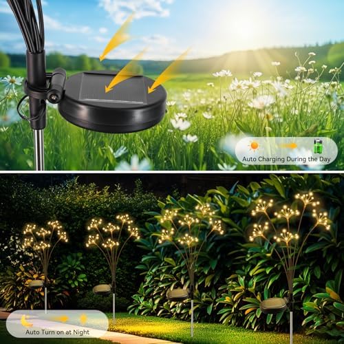 JJGoo Solar Garden Lights, New Upgraded 2 Pack Solar Swaying Starburst Light, Waterproof Fireworks Outdoor Lights, Yard Patio Pathway Decoration, Warm White - Image 4