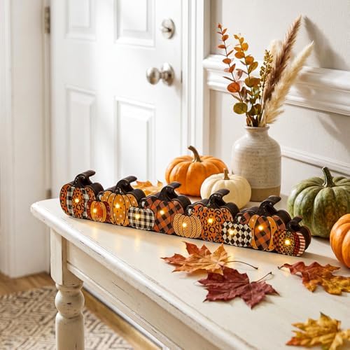 Yousoontic Fall Pumpkin Decor, LED Lighted Fall Table Centerpieces, Retro Plaid Leopard Wooden Pumpkin Sign Decorations 3D Block Farmhouse Decor for Autumn Harvest Thanksgiving Home Mantel Party - Image 2