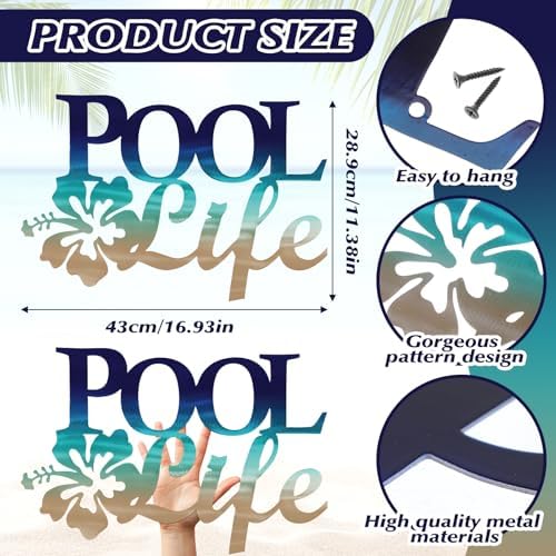 Tandefio Pool Life Metal Wall Art Decor Hibiscus Flower Coastal Metal Wall Art Tropical Outdoor Decor Swimming Pool Sign for Summer Beach Patio Living Room Bathroom Boat Decorations (Blue Gradient) - Image 2