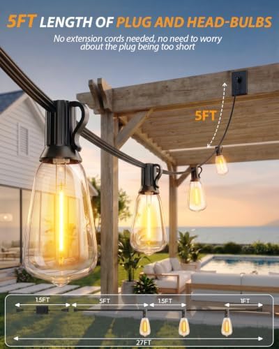 Outdoor String Lights 25+2FT, 15+2 Bulbs,120W Dimmer Romote,IP65 Waterproof - Image 4