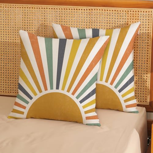 Summer Pillow Covers 18x18 Inch Set of 2, Stripes Yellow Sunshine Decorations Outdoor Throw Pillows Boho Summer Rainbow Sun Pillowcase Linen Decor Cute Farmhouse Cushion Case for Home Bedroom - Image 2
