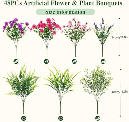 Alupssuc 48 Bundles Artificial Flowers for Outdoors Planters Spring Decoration, UV Resistant Faux Eucalyptus Violet and Lavender Silk Fake Plants for Outside Indoor Yard Home Patio Decor, Mix 3 Colors - Image 2
