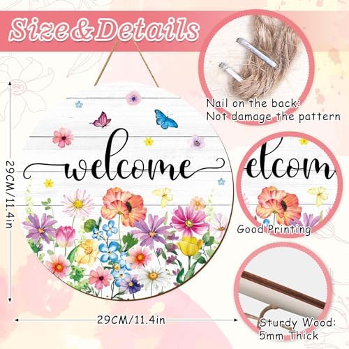 JarThenaAMCS Spring Summer Flower Welcome Door Sign Wildflower Wooden Hanging Sign Floral Butterfly Door Hanger for Indoor Outdoor Farmhouse Home Porch Window Wall Decor - Image 2