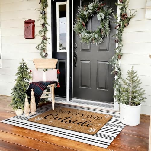 Duraaamo 2 Pcs Baby It's Cold Outside Door Mat Winter Christmas Nature Coir Welcome Outdoor Rug Black White Stripe Outdoor Christmas Front Porch Rugs Non Slip Floor Mats Indoor Entrance Decor - Image 7