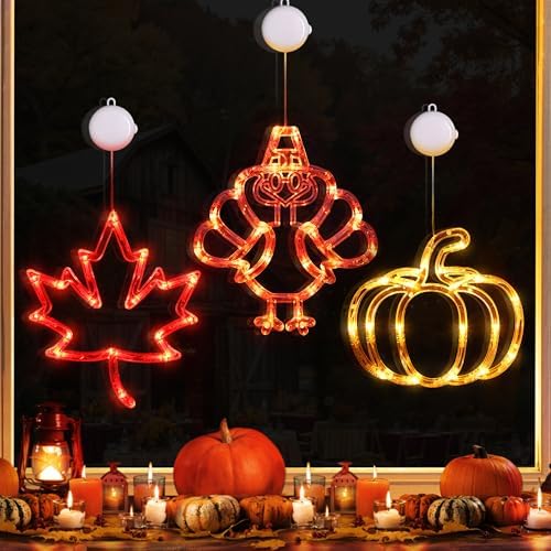 [Timer] 3 PCS Thanksgiving Lights Turkey Maple Leaf & Pumpkin Fall Lights, Thanksgiving Window Lights with Suction Cup, Thanks Giving Lighted Window Decorations for Home by Unknown