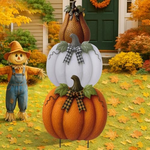 3 Pcs Fall Outdoor Decor Pumpkin Garden Stakes 3D Vintage Signs by Otoolling