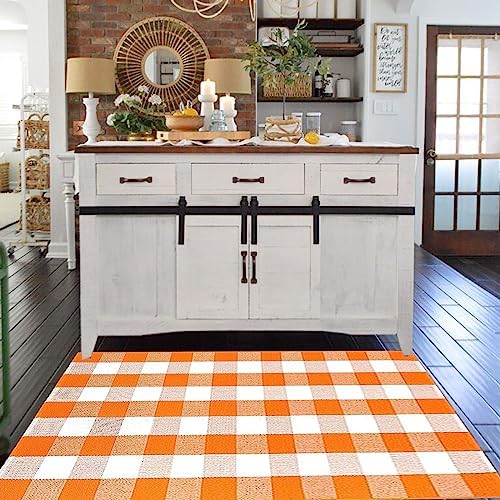 Fall Outdoor Rug Orange Buffalo Plaid Outdoor Rug Cotton Hand-Woven Buffalo Check Rug Layered Doormats for Front Door/Front Porch/Farmhouse/Entryway/Patio(Orange and White Plaid, 3' x 5') - Image 5