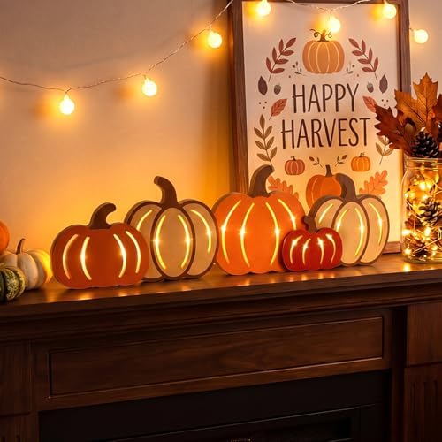 Geetery Fall Pumpkin LED Wooden Sign Rustic Wooden Word Sign for Table Home - Image 5