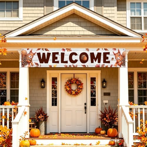 Welcome Fall Banner Happy Fall Yard Banner Squirrel Pinecones Outdoor Decor - Image 5