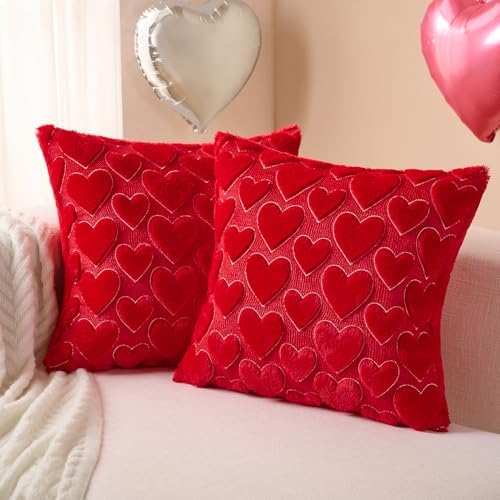 Softalker Red Heart Pillow Covers 18 x 18 Inch Set of 2, Mother's Day Decorative Soft Faux Fur Cushion Covers, 3D Embroidered Pillow Cases for Spring Summer Home Decor - Image 2