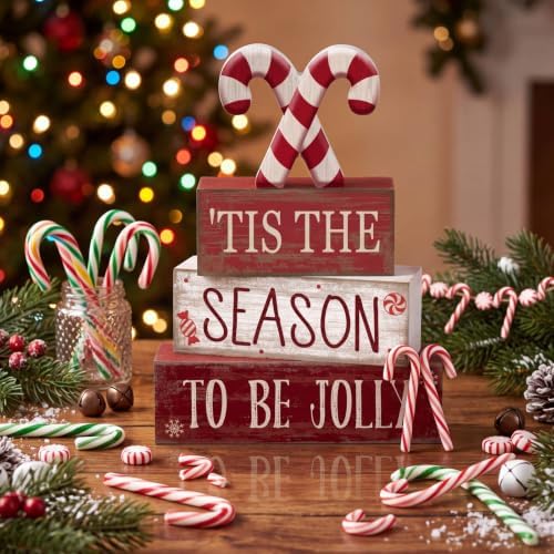 Lineshading 4 Pcs Christmas Table Decorations, Red White Candy Wood Signs - Image 4