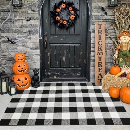MUBIN Fall Decor Cotton Buffalo Plaid Rug, 3' x 5' Black and White Outdoor Rug Front Door Decorative Mat, Washable Doormat Foldable Area Rug Layered Door Mats Rug for Front Porch, Entryway, Patio by MUBIN